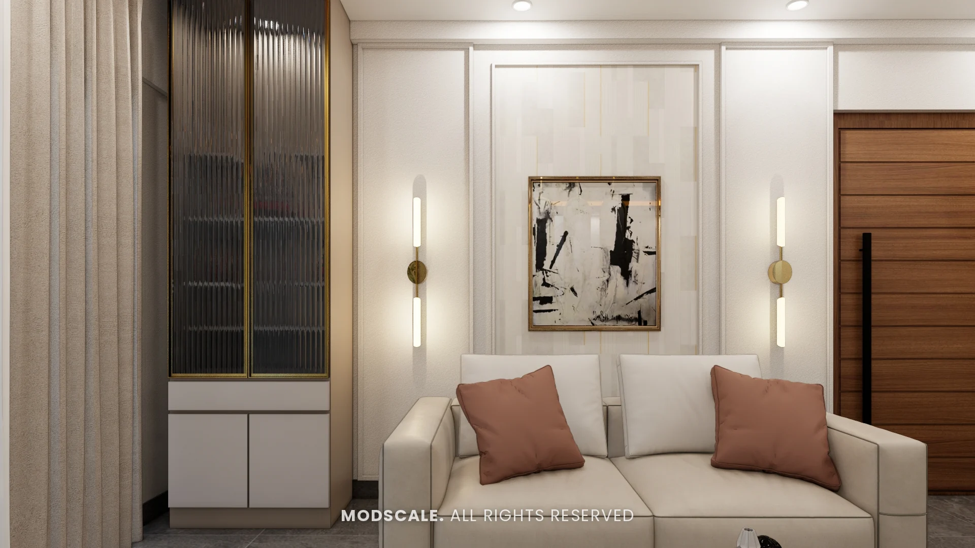 Sofa wall with panel mouldings, abstract art and fluted glass display unit, Sharath’s home interior at Keya Around The Life, Whitefield