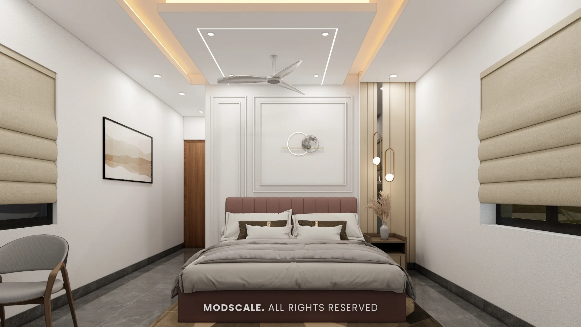 Master bedroom with rose upholstered bed, panel-moulded wall and roman blinds, Sharath’s home interior at Keya Around The Life, Whitefield