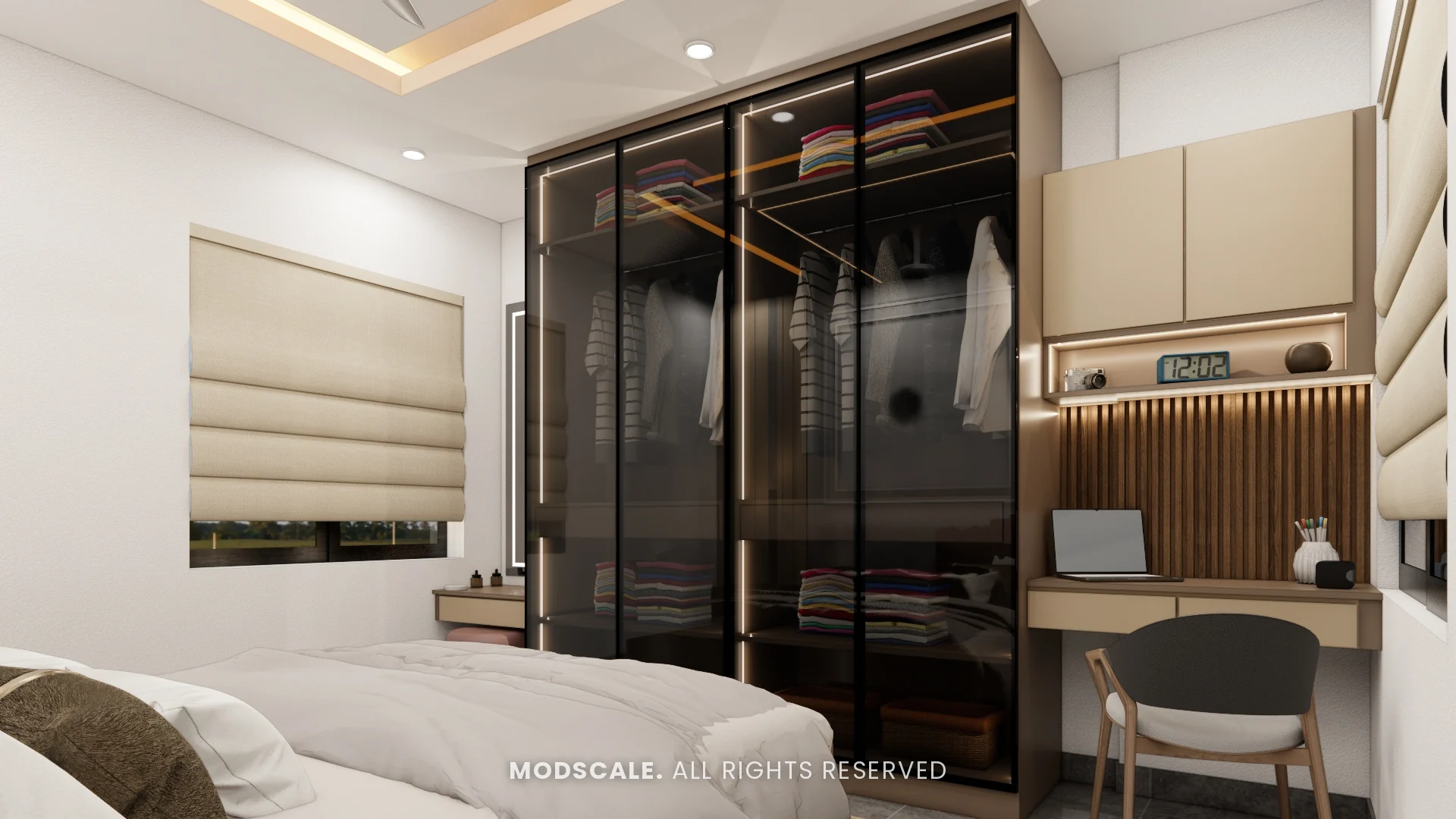 Tinted glass wardrobe with internal lighting beside a study desk with fluted wood back panel, Sharath’s home interior at Keya Around The Life, Whitefield