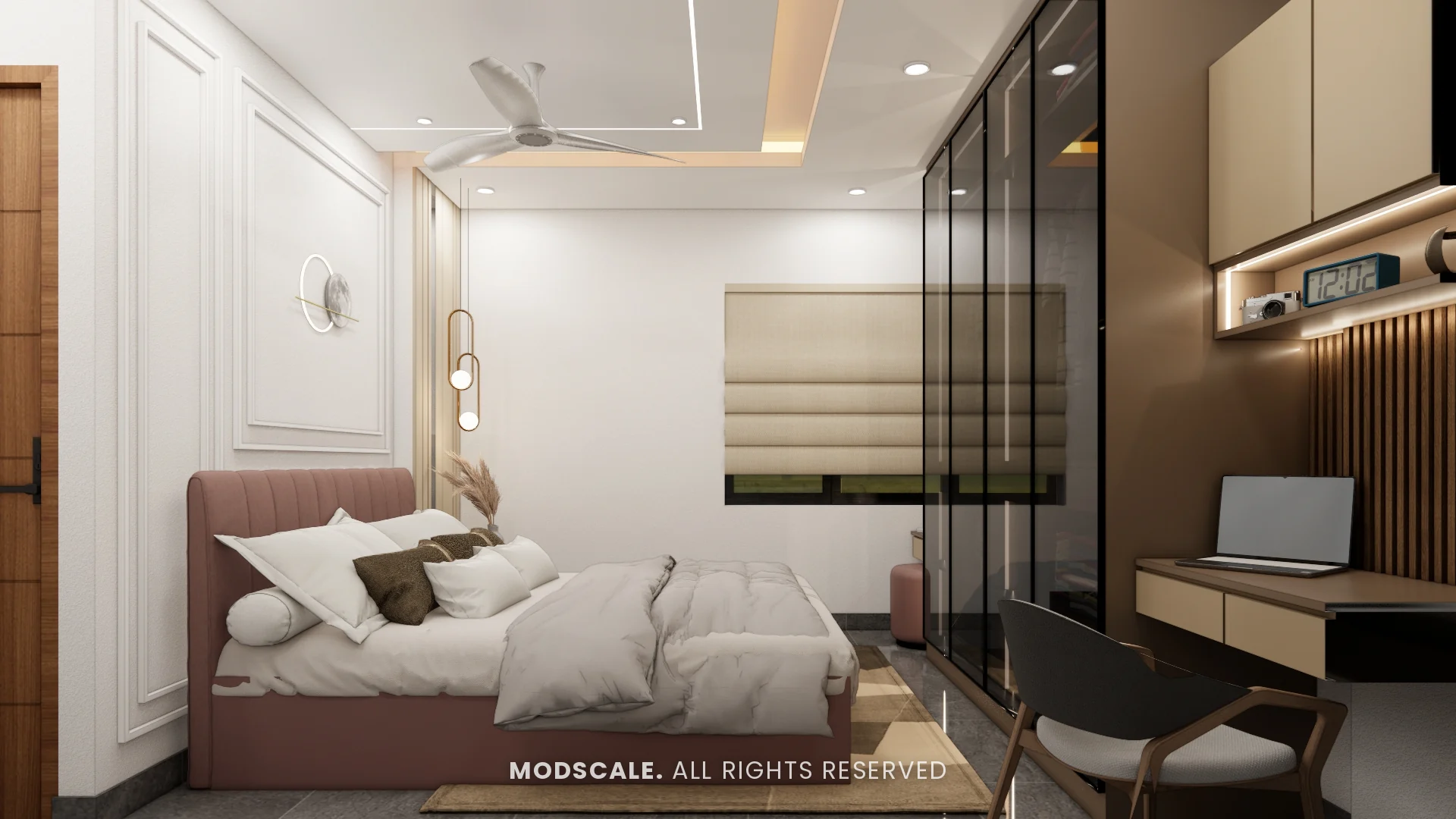 Master bedroom with bed, glass wardrobe and study corner, Sharath’s home interior at Keya Around The Life, Whitefield