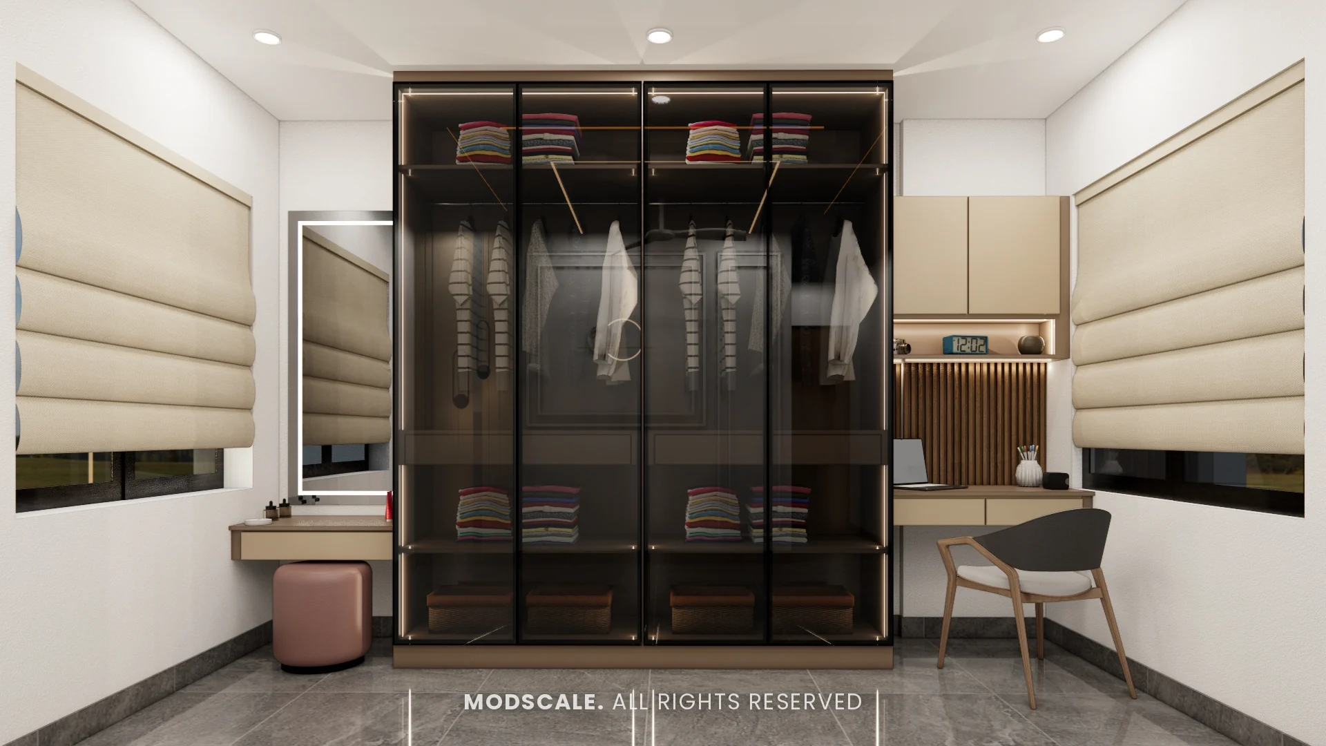 Glass-shutter wardrobe between a dresser and a study desk, Sharath’s home interior at Keya Around The Life, Whitefield