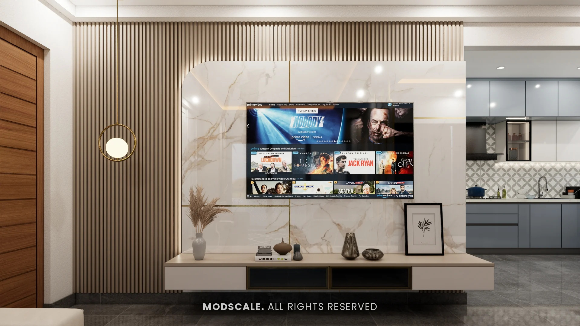 TV unit with marble-finish panel, fluted wood backdrop and floating console, Sharath’s home interior at Keya Around The Life, Whitefield