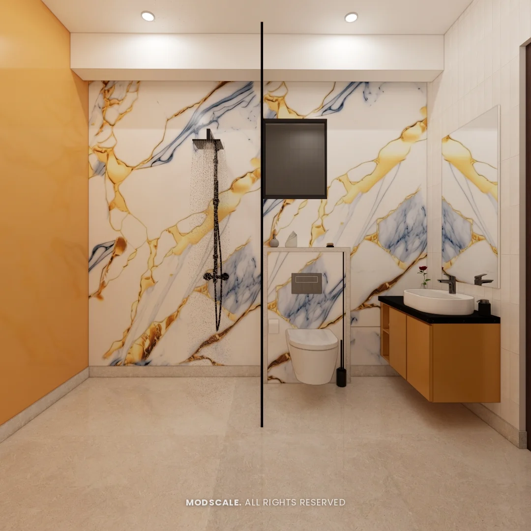 Bathroom with gold and blue veined marble-look wall and mustard vanity, Shikha Agarwal’s villa interior at Purva Woodfield, Chandapura, Bengaluru