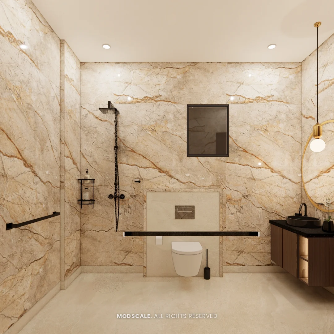 Bathroom in beige marble-look tiles with black fittings and grab bars, Shikha Agarwal’s villa interior at Purva Woodfield, Chandapura, Bengaluru