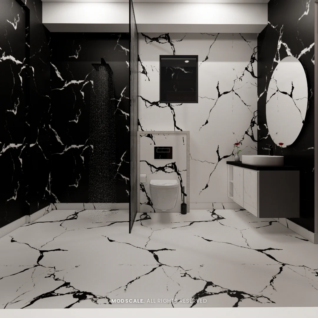 Bathroom in black and white marble-look tiles with oval mirror, Shikha Agarwal’s villa interior at Purva Woodfield, Chandapura, Bengaluru