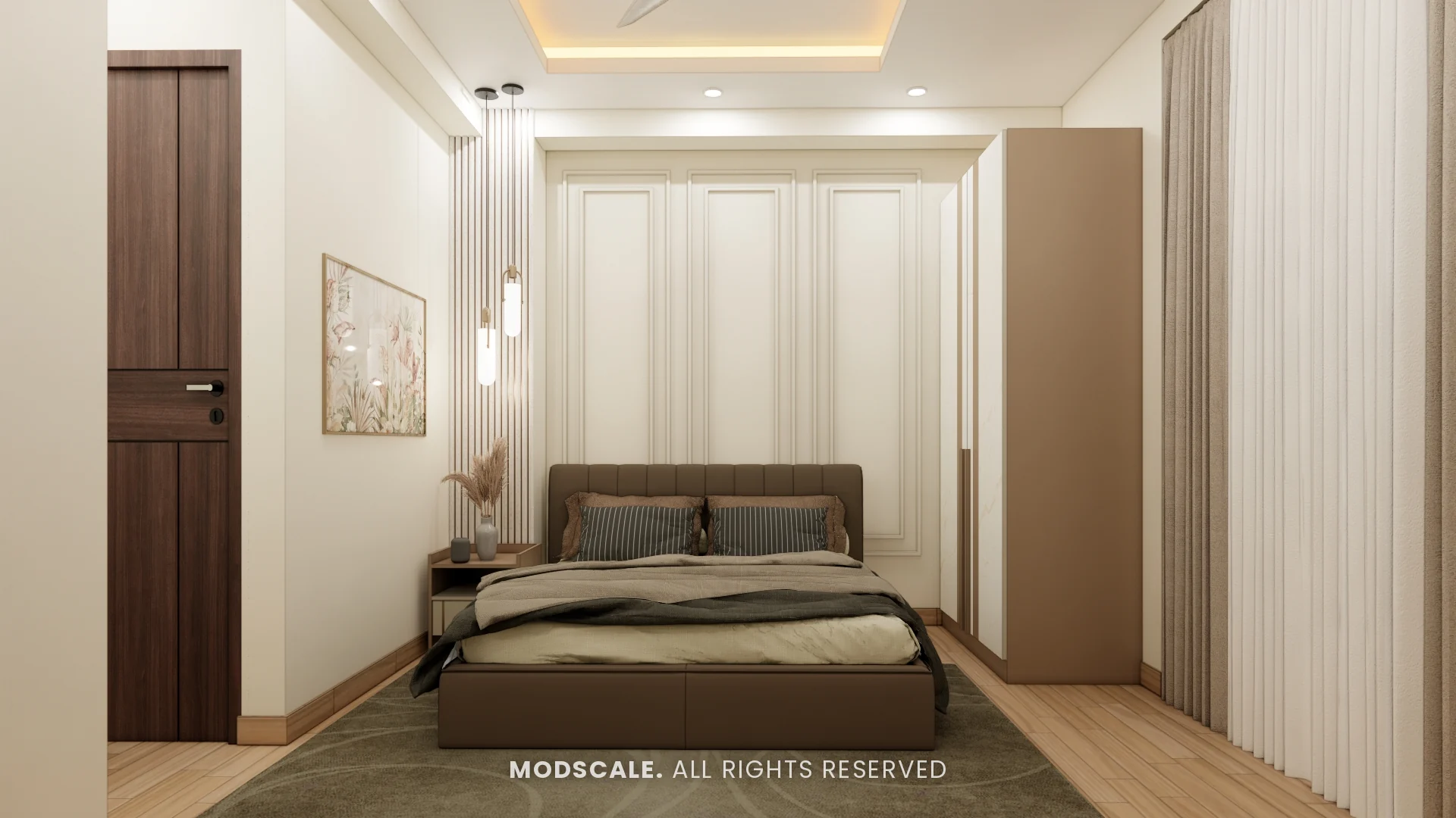 Bedroom with moulded cream wall panels, brown upholstered bed and pendant lights, Shikha Agarwal’s villa interior at Purva Woodfield, Chandapura, Bengaluru