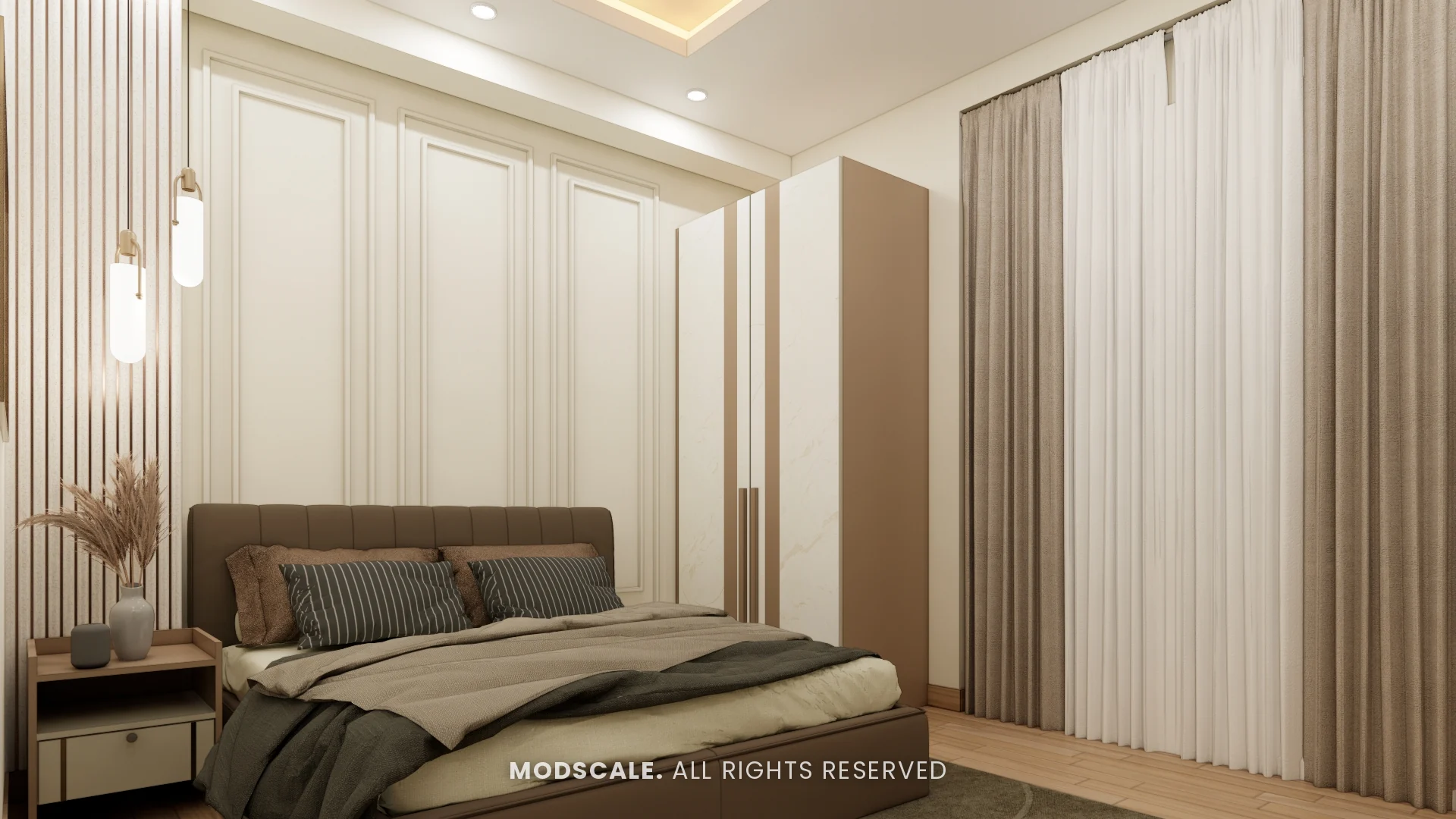 Bed against panelled wall with slatted strip and full-height curtains, Shikha Agarwal’s villa interior at Purva Woodfield, Chandapura, Bengaluru