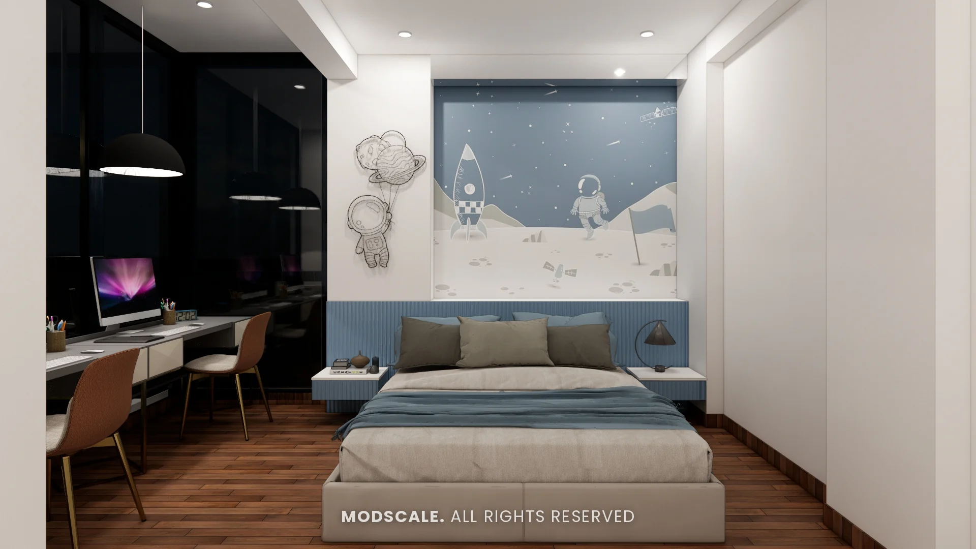 Bedroom with space-themed mural, blue fluted headboard panel and twin study desk, Shikha Agarwal’s villa interior at Purva Woodfield, Chandapura, Bengaluru