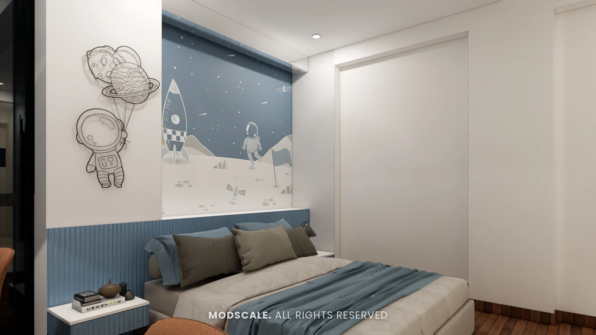 Bed below a rocket and astronaut mural with line-art wall decor, Shikha Agarwal’s villa interior at Purva Woodfield, Chandapura, Bengaluru