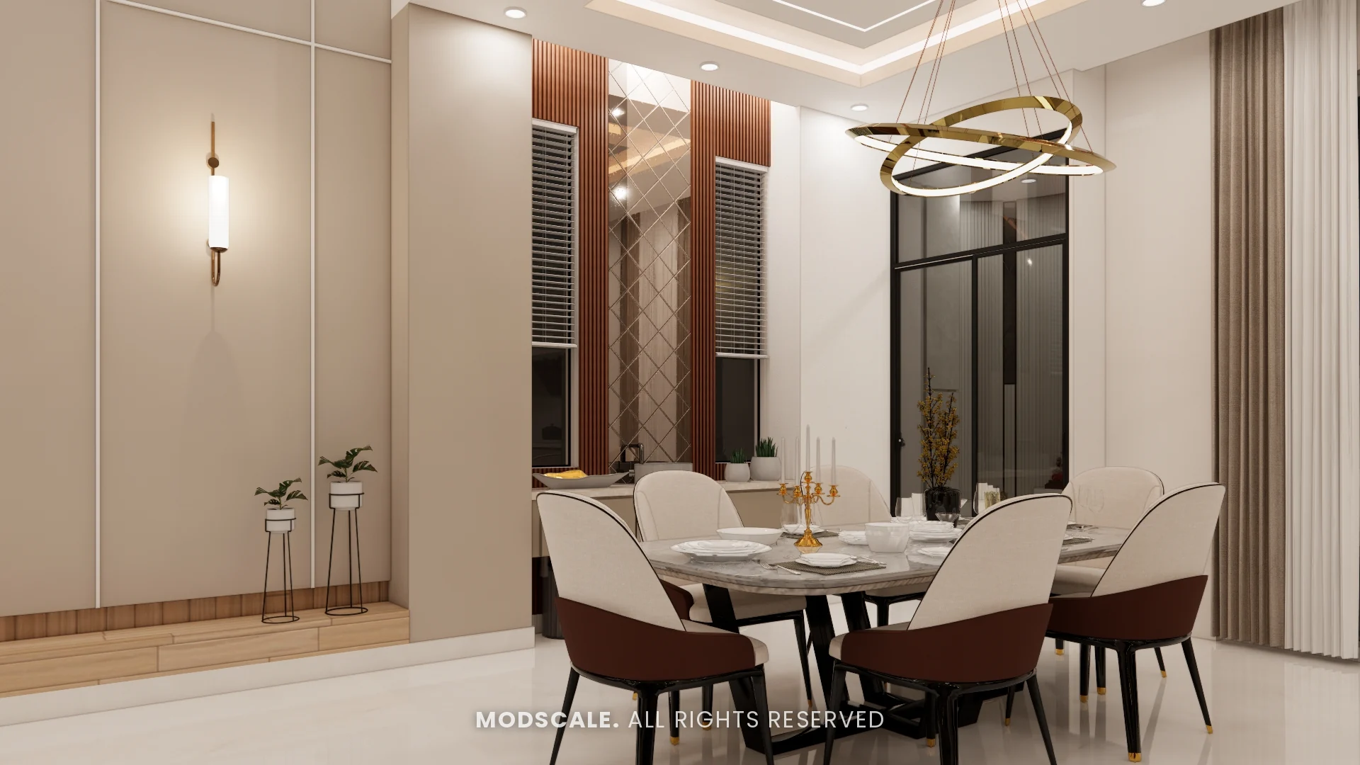 Dining area with marble-top table, cream and brown chairs and ring chandelier, Shikha Agarwal’s villa interior at Purva Woodfield, Chandapura, Bengaluru