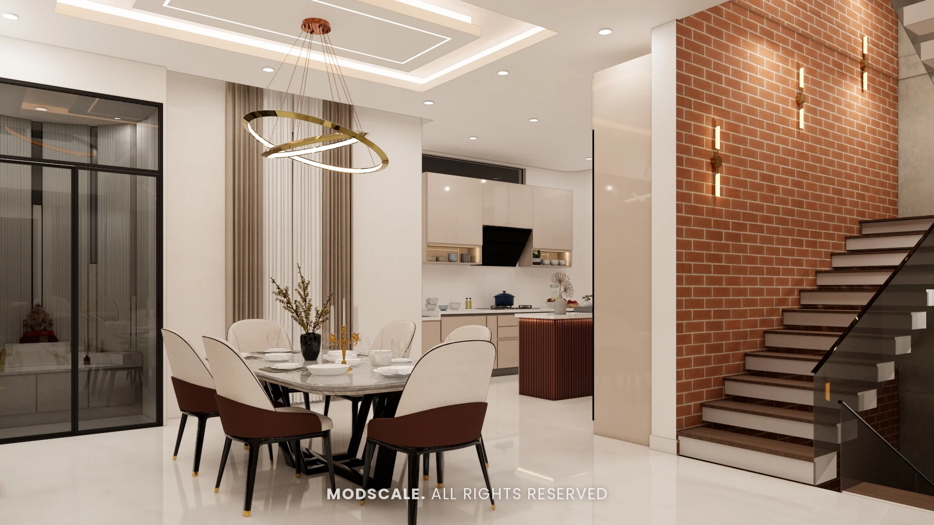 Dining area between the glass-fronted mandir, the kitchen and the brick staircase wall, Shikha Agarwal’s villa interior at Purva Woodfield, Chandapura, Bengaluru