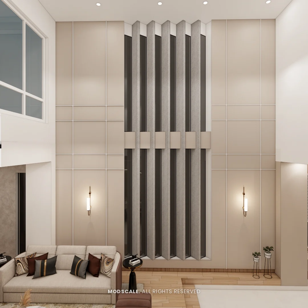 Double-height living room wall with grooved panels and tall fin feature, Shikha Agarwal’s villa interior at Purva Woodfield, Chandapura, Bengaluru