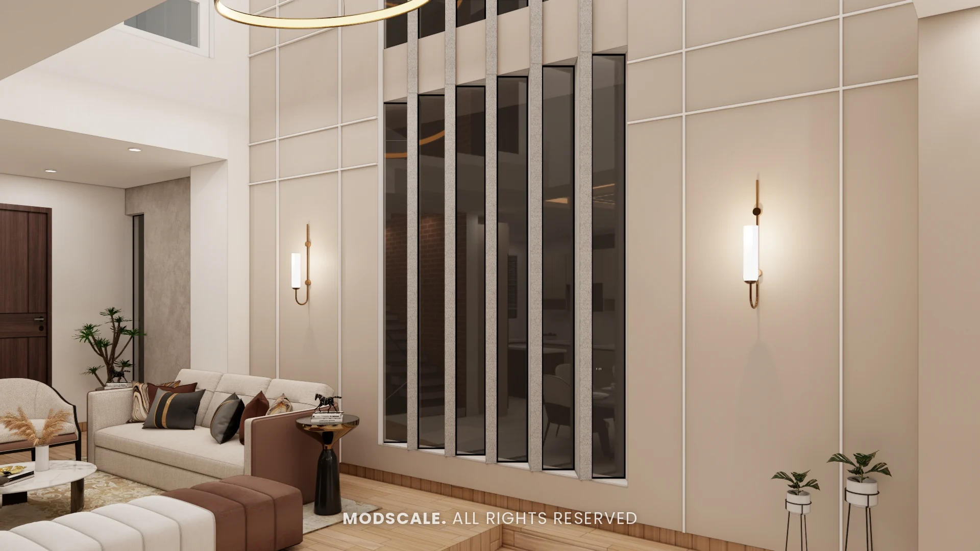 Panelled living room wall with vertical fins over dark glass and slim wall lights, Shikha Agarwal’s villa interior at Purva Woodfield, Chandapura, Bengaluru