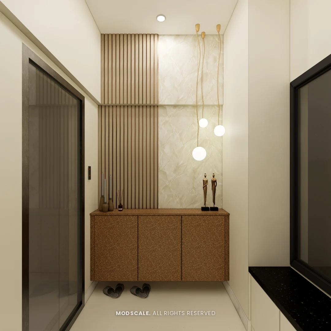 Foyer with textured shoe console, slatted panel and hanging globe lights, Shikha Agarwal’s villa interior at Purva Woodfield, Chandapura, Bengaluru