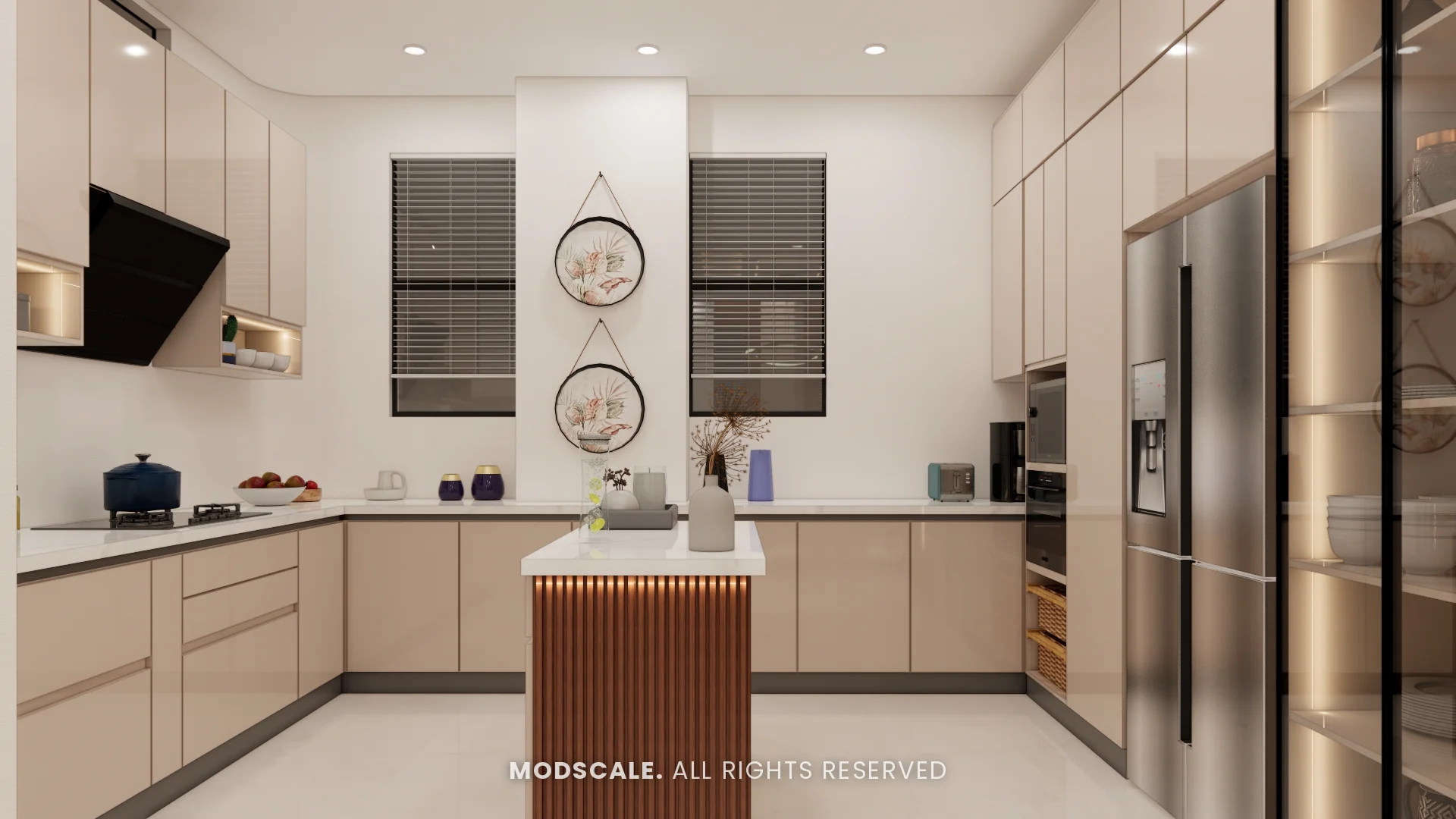 Kitchen in glossy beige with white counter, fluted wood island and tall appliance wall, Shikha Agarwal’s villa interior at Purva Woodfield, Chandapura, Bengaluru