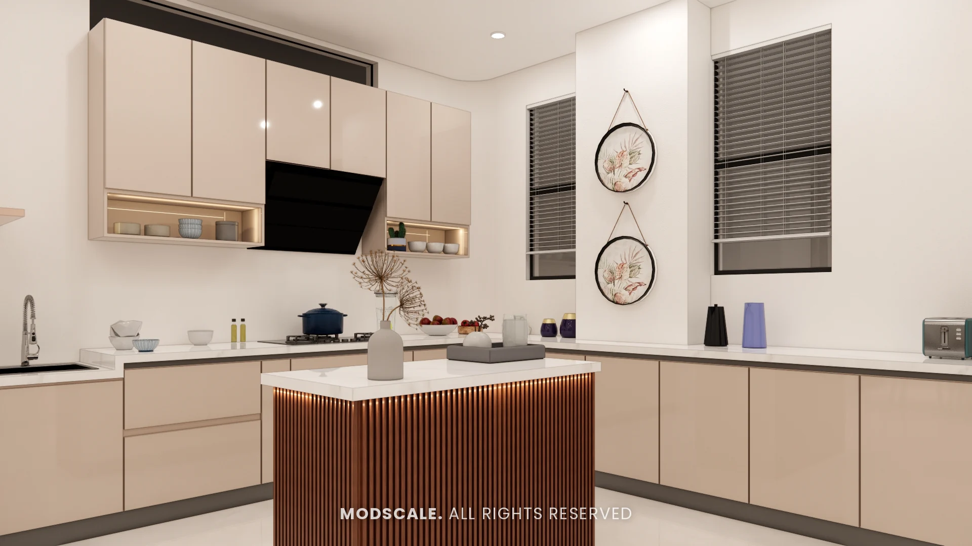 Kitchen hob run with lit open niches and island with under-counter lighting, Shikha Agarwal’s villa interior at Purva Woodfield, Chandapura, Bengaluru