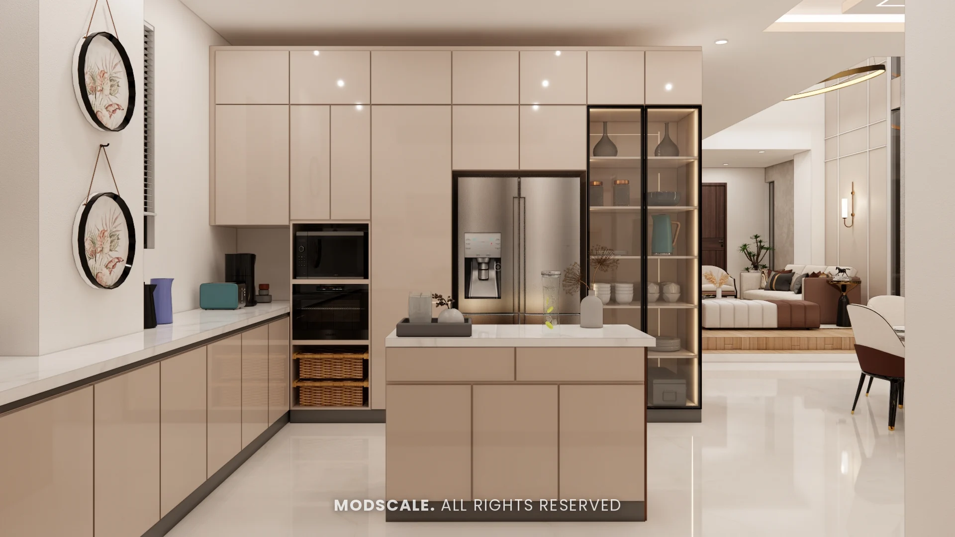 Tall kitchen wall with built-in ovens, refrigerator and lit glass crockery unit, Shikha Agarwal’s villa interior at Purva Woodfield, Chandapura, Bengaluru