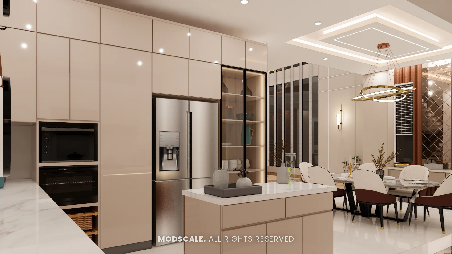 Kitchen island and tall units open to the dining area, Shikha Agarwal’s villa interior at Purva Woodfield, Chandapura, Bengaluru