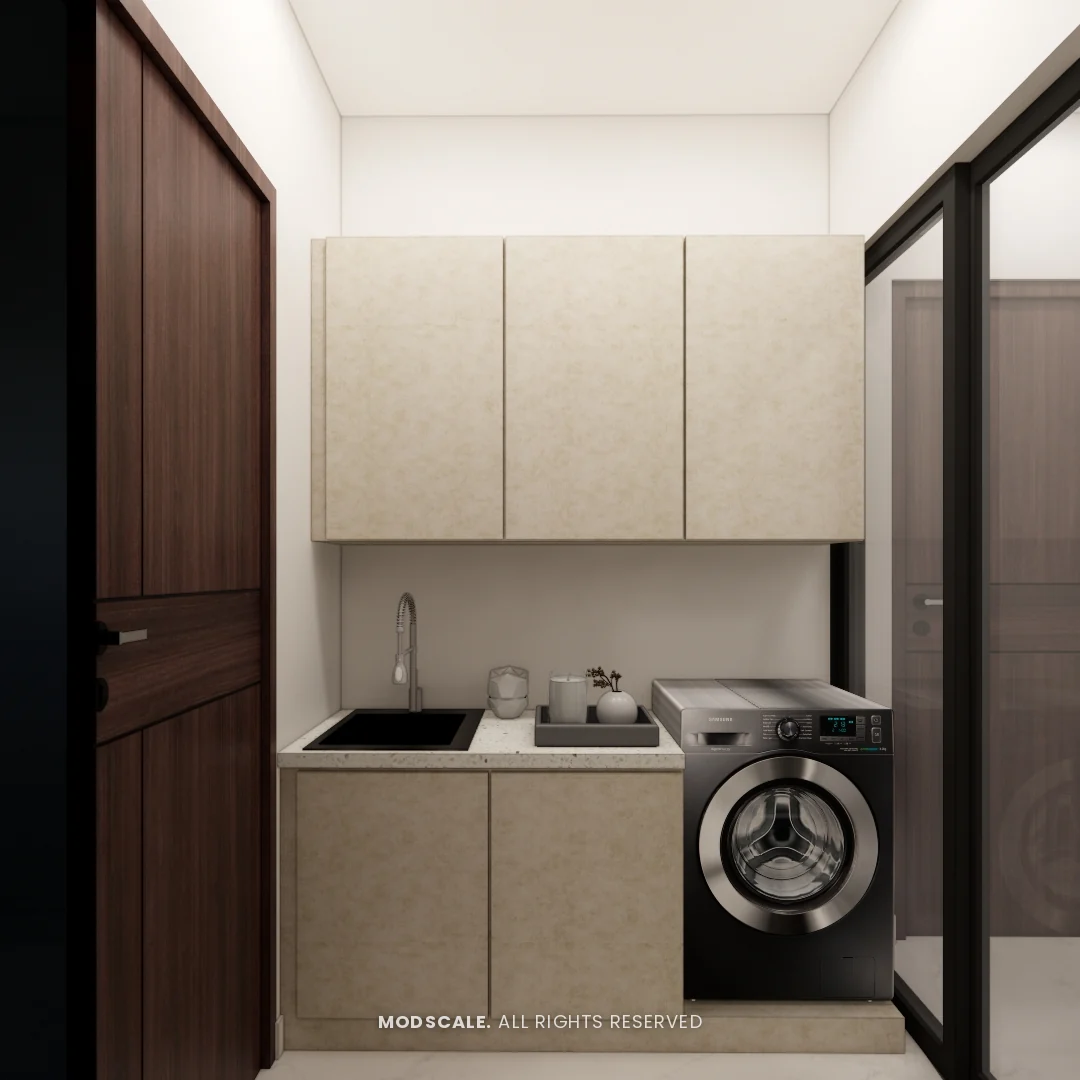 Laundry room with sink counter, washing machine and wall cabinets, Shikha Agarwal’s villa interior at Purva Woodfield, Chandapura, Bengaluru