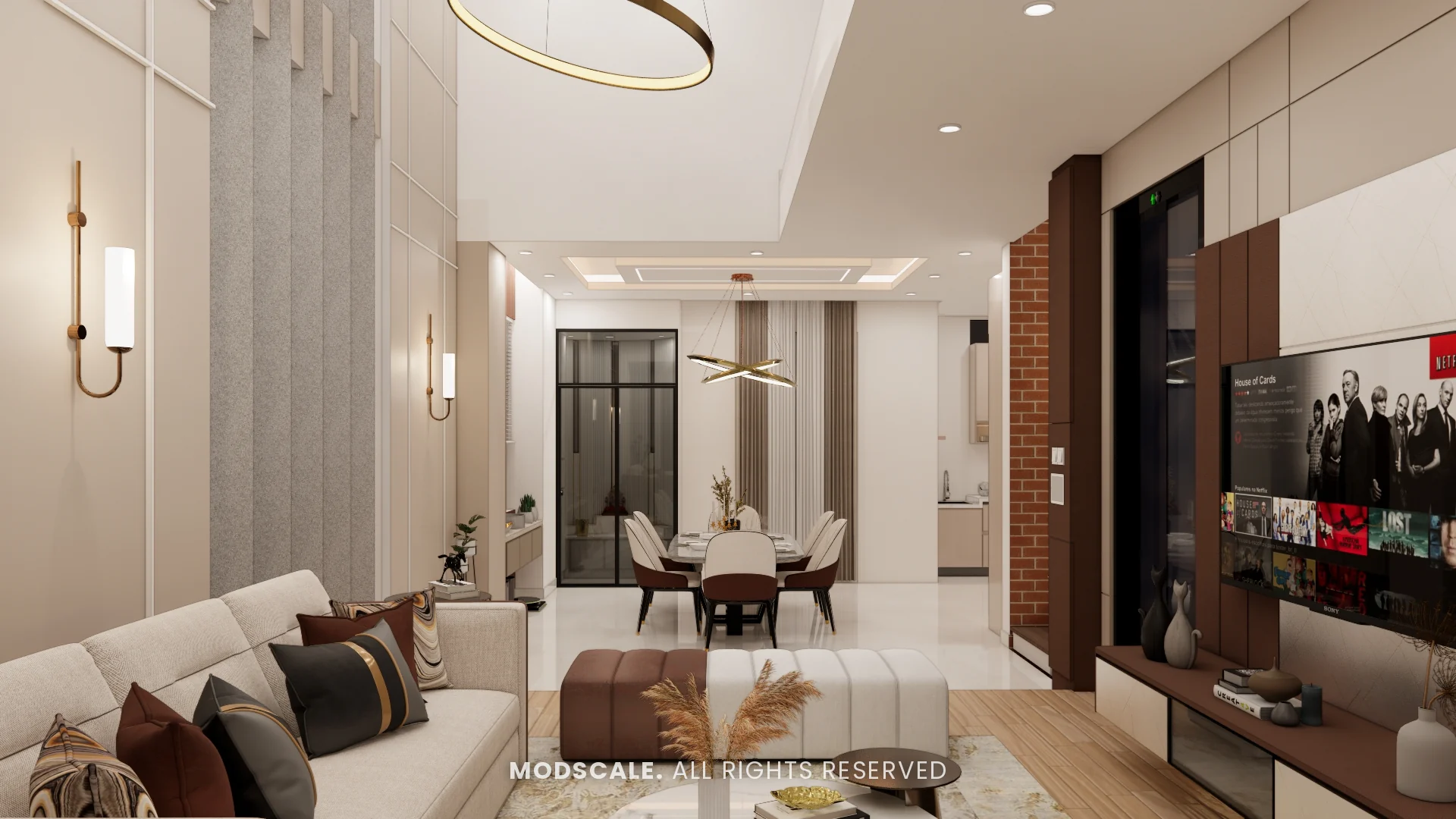 View from the living room to the dining area under a brass ring light, Shikha Agarwal’s villa interior at Purva Woodfield, Chandapura, Bengaluru