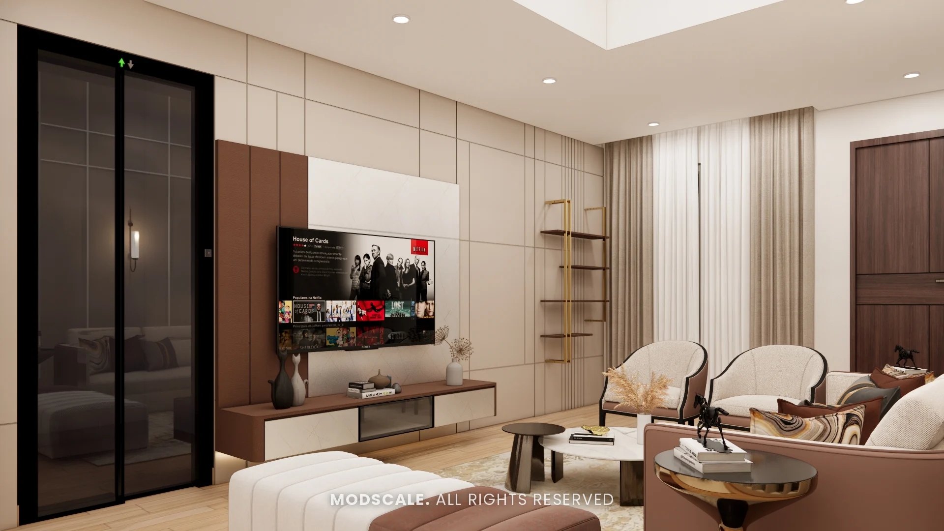 Living room seating with curved armchairs facing the TV unit, Shikha Agarwal’s villa interior at Purva Woodfield, Chandapura, Bengaluru