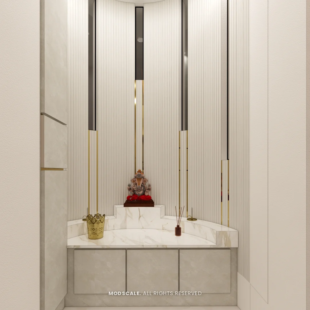 Mandir with fluted white back wall, brass and black inlay strips and curved marble platform, Shikha Agarwal’s villa interior at Purva Woodfield, Chandapura, Bengaluru
