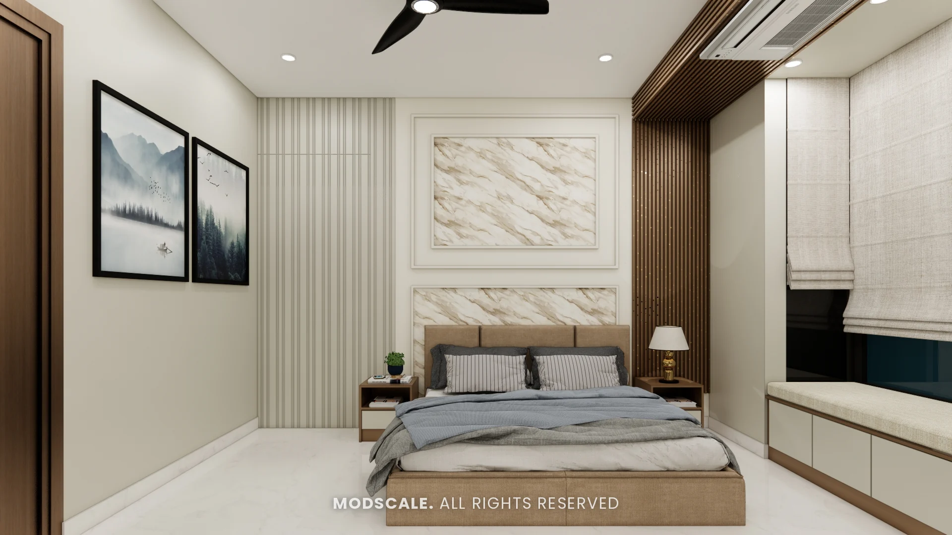 Master bedroom with marble-finish framed panels, tan headboard and window seat, Shikha Agarwal’s villa interior at Purva Woodfield, Chandapura, Bengaluru