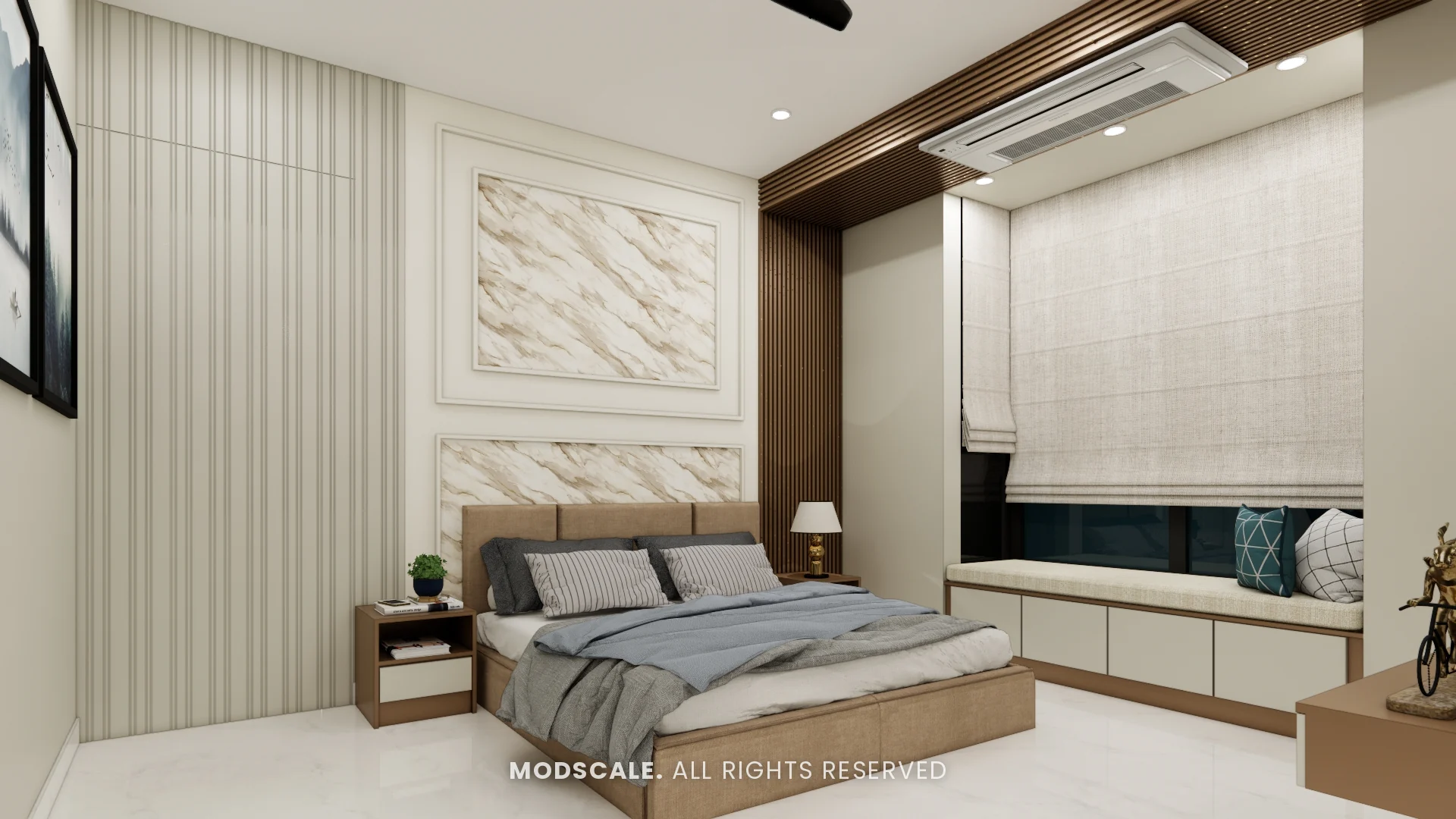 Master bedroom window seat with drawers under a wooden slatted frame, Shikha Agarwal’s villa interior at Purva Woodfield, Chandapura, Bengaluru