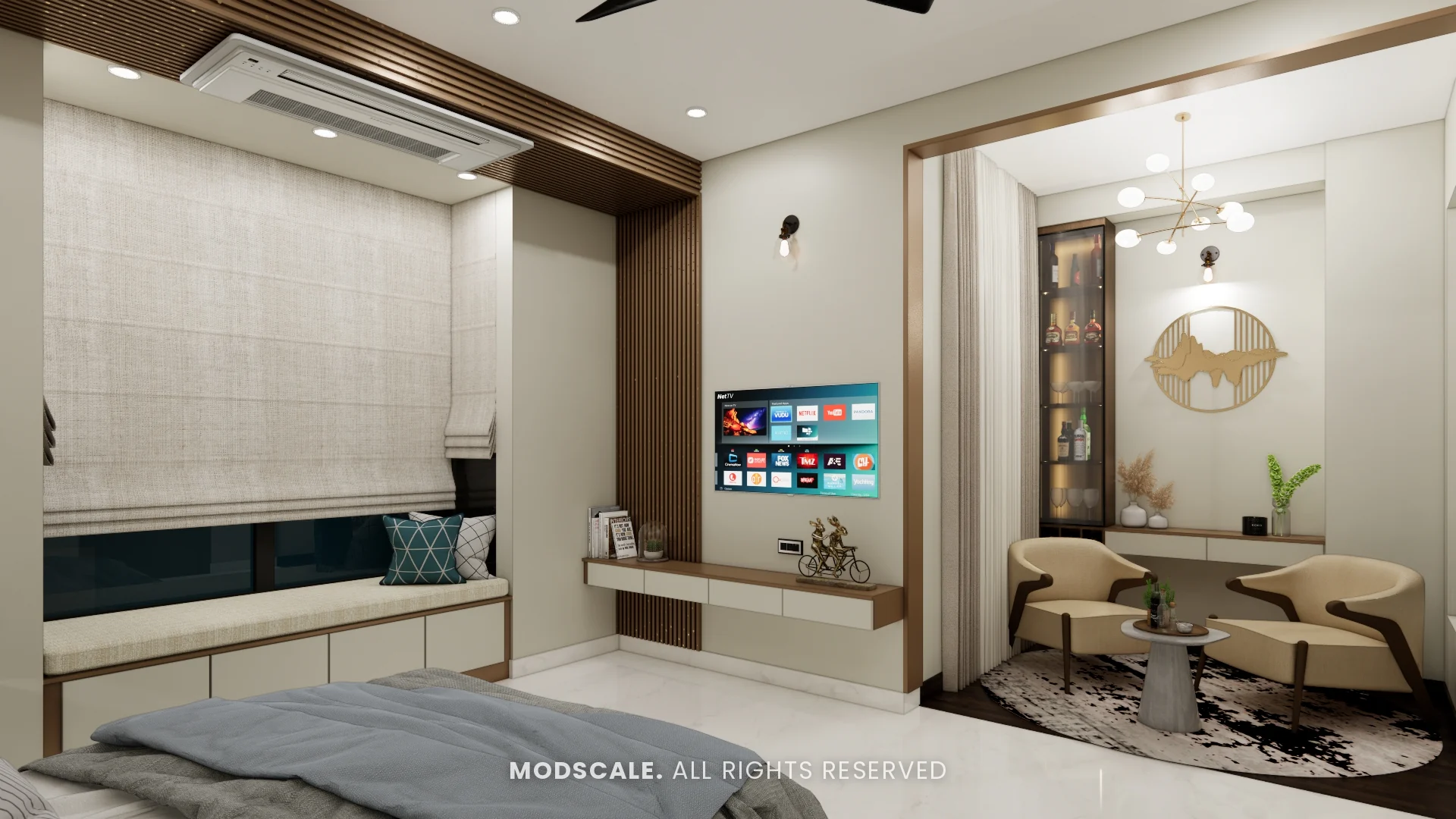 Master bedroom TV ledge and seating nook with two armchairs, Shikha Agarwal’s villa interior at Purva Woodfield, Chandapura, Bengaluru