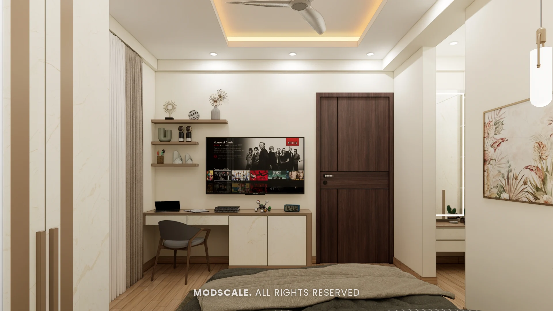 Study desk and TV wall with floating shelves in the bedroom, Shikha Agarwal’s villa interior at Purva Woodfield, Chandapura, Bengaluru