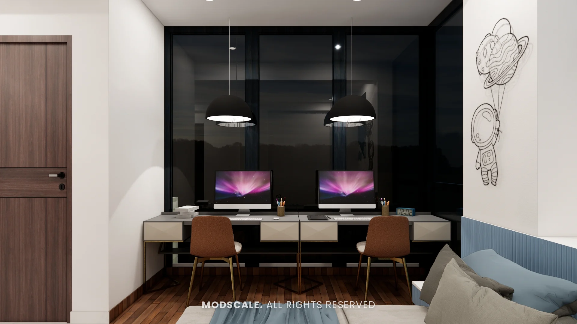 Twin study desk under black dome pendants, Shikha Agarwal’s villa interior at Purva Woodfield, Chandapura, Bengaluru