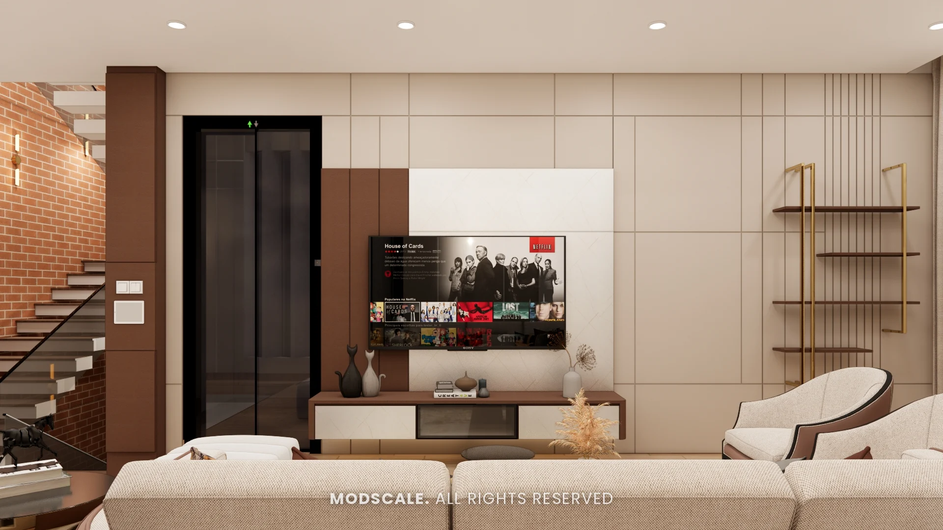 TV wall with beige grooved panelling, brown and white back panel, floating ledge and brass-framed shelves, Shikha Agarwal’s villa interior at Purva Woodfield, Chandapura, Bengaluru