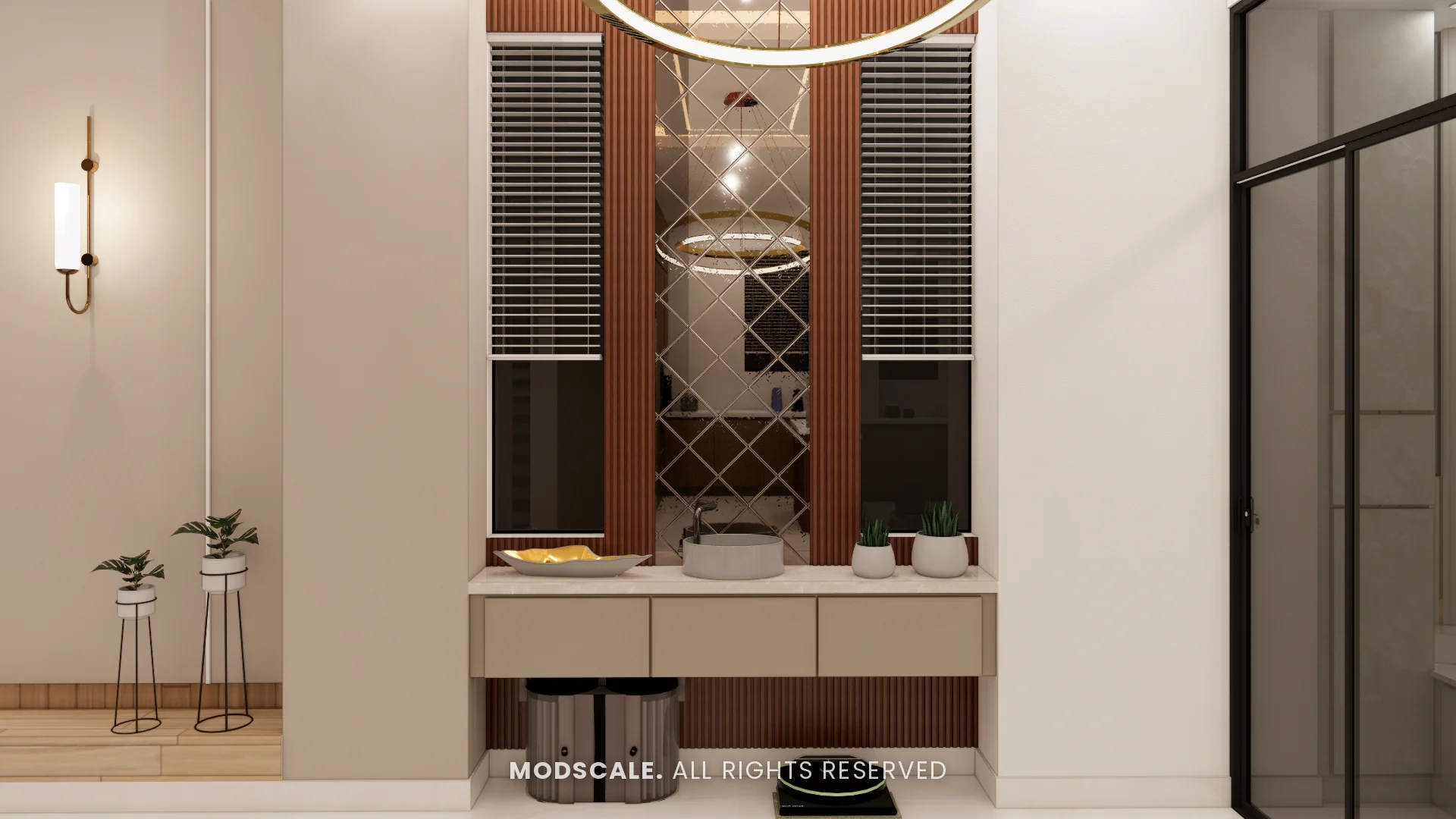 Wash counter with lattice mirror panel between fluted wood strips, Shikha Agarwal’s villa interior at Purva Woodfield, Chandapura, Bengaluru