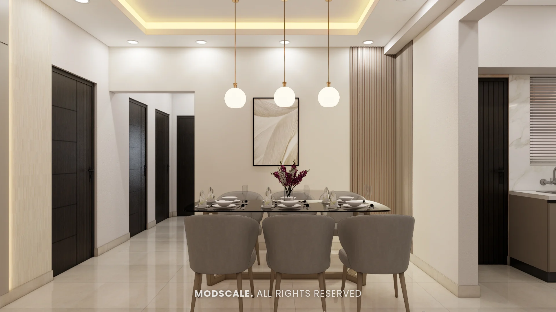 Dining table with grey upholstered chairs under three globe pendants, beside a fluted wall panel, Shivani’s home interior at Sobha Royal Pavilion, Sarjapur Road