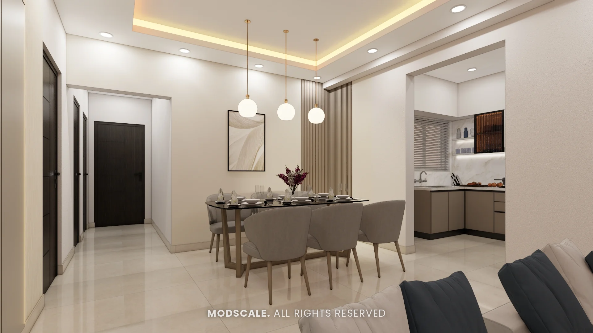 Dining area with the kitchen opening alongside, Shivani’s home interior at Sobha Royal Pavilion, Sarjapur Road