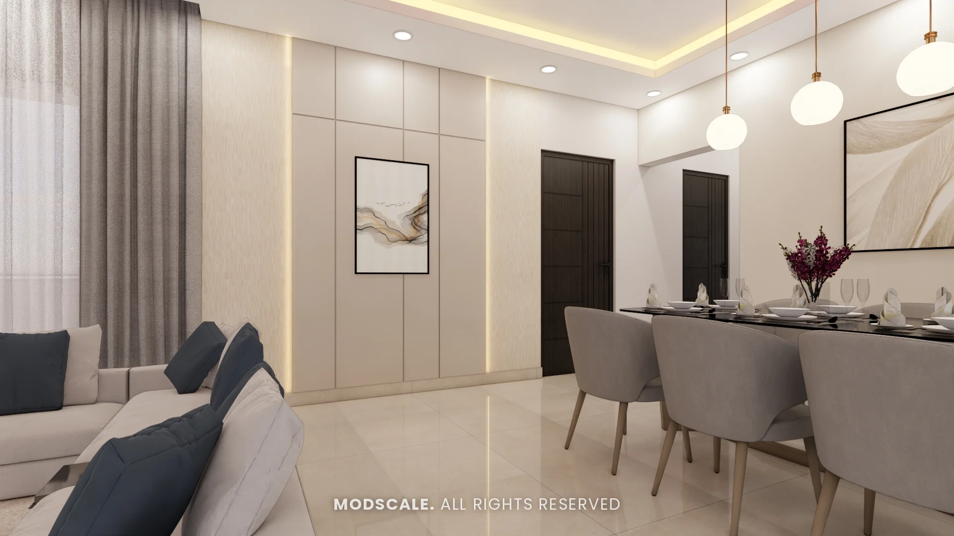 Panelled wall with backlit edges and artwork between the living and dining areas, Shivani’s home interior at Sobha Royal Pavilion, Sarjapur Road