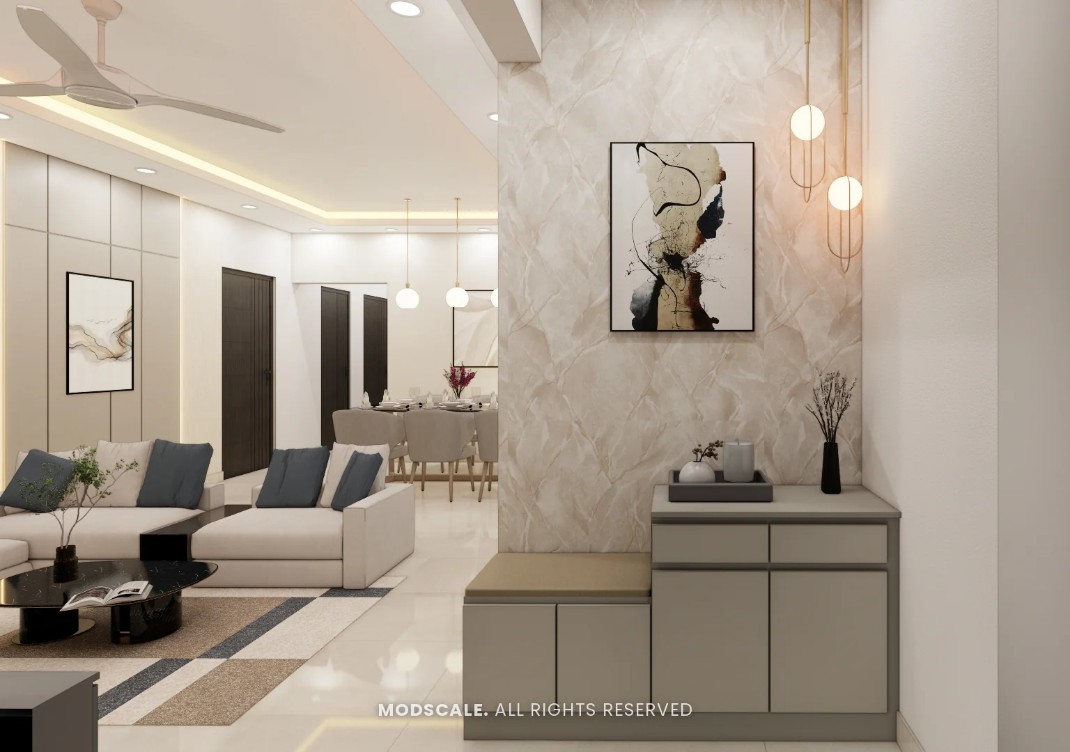 Foyer shoe unit with seat against a marble-finish panel with artwork and hanging lights, Shivani’s home interior at Sobha Royal Pavilion, Sarjapur Road