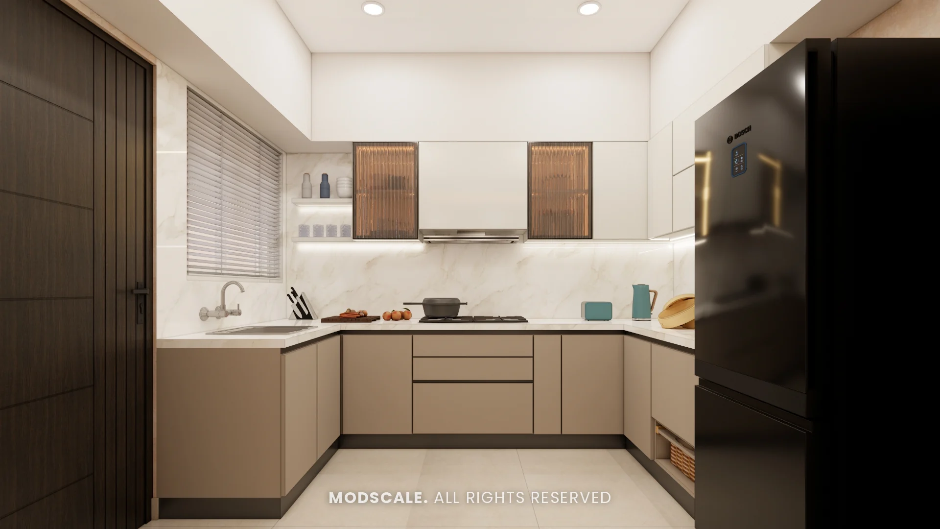 U-shaped kitchen with taupe base units, white wall units, fluted glass shutters and marble-finish backsplash, Shivani’s home interior at Sobha Royal Pavilion, Sarjapur Road