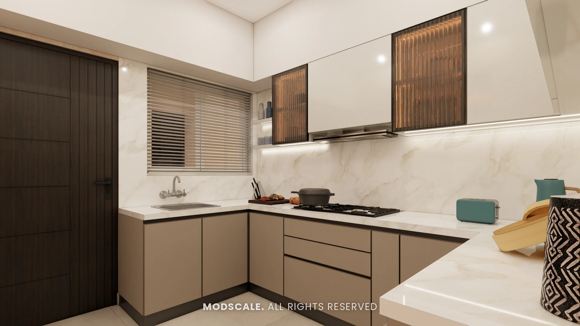 Kitchen sink and hob corner with brown-tinted fluted glass shutters and under-cabinet lighting, Shivani’s home interior at Sobha Royal Pavilion, Sarjapur Road
