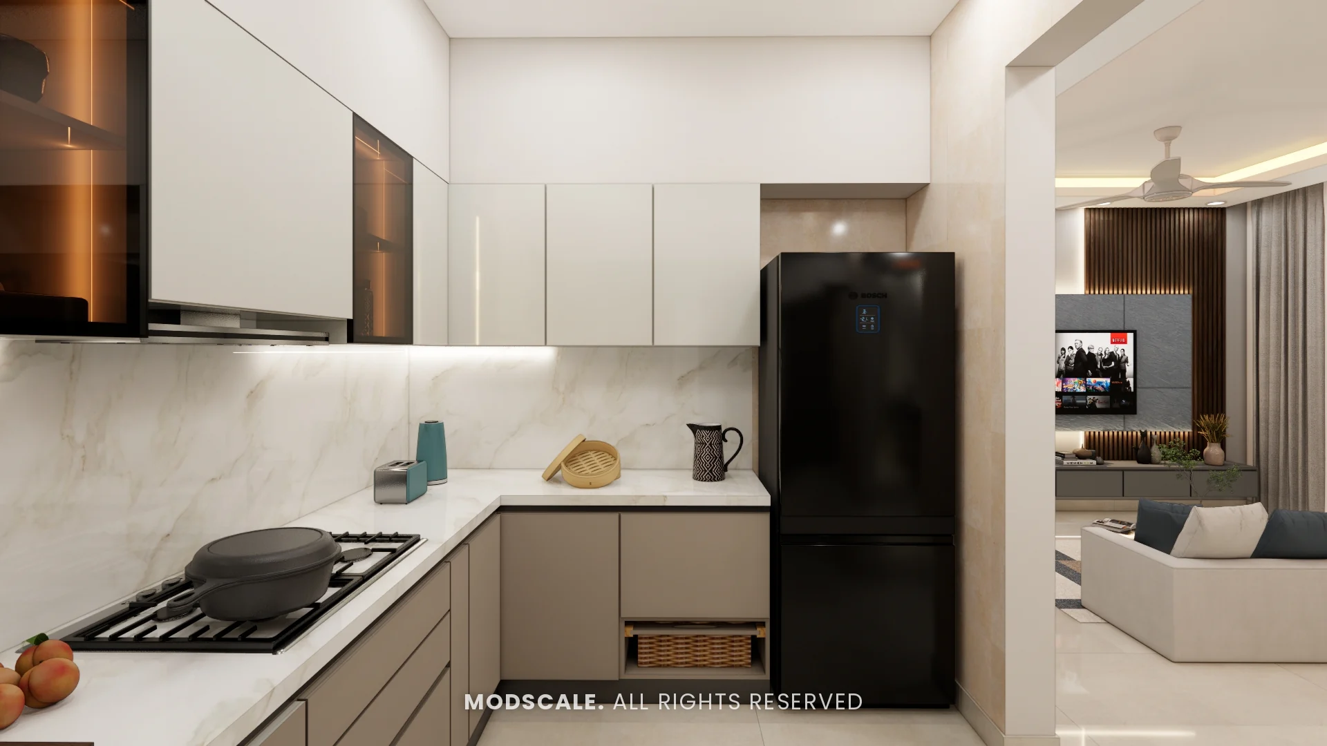 Kitchen counter with refrigerator niche, open to the living room, Shivani’s home interior at Sobha Royal Pavilion, Sarjapur Road