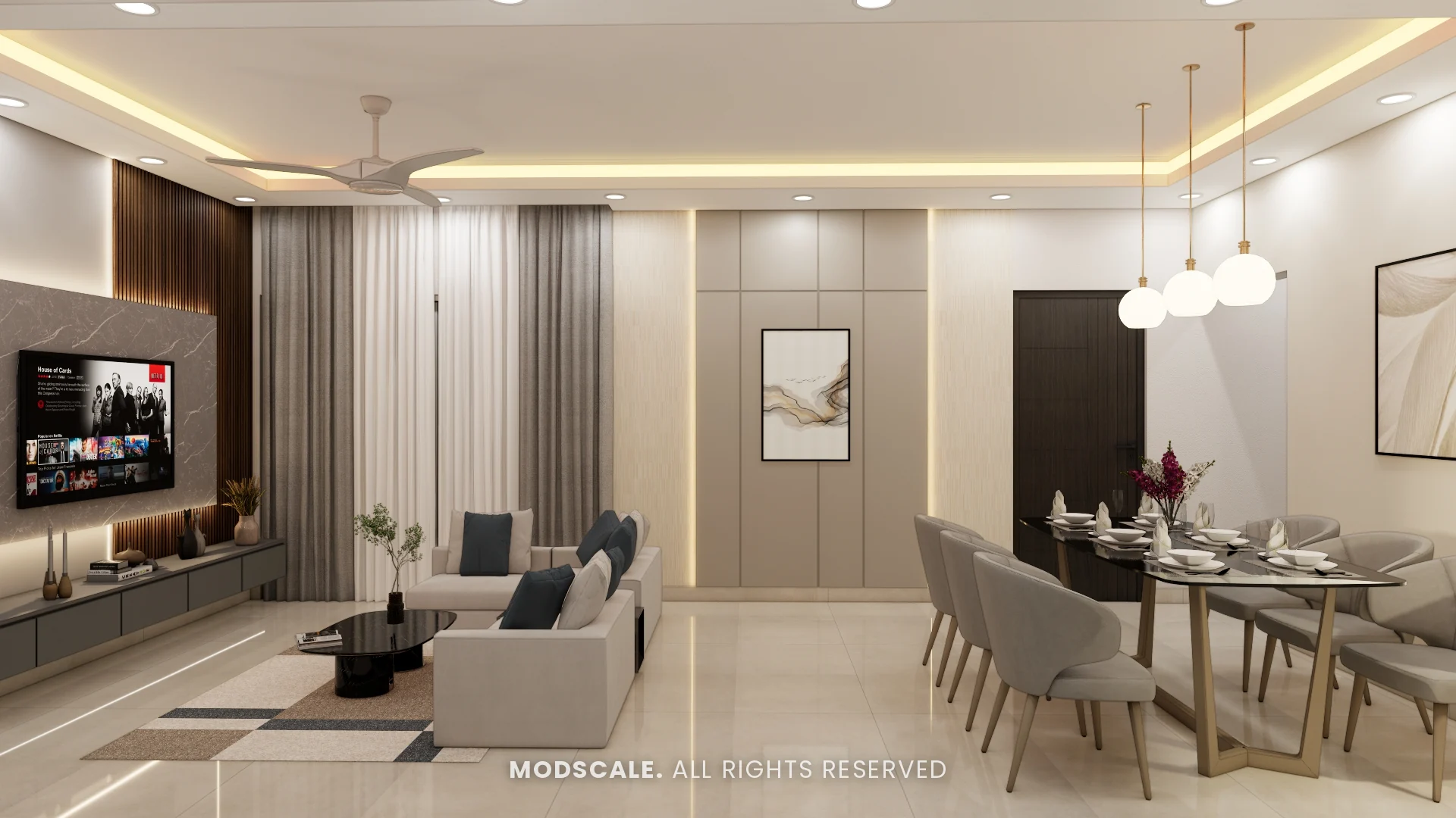 Living and dining area with cove-lit ceiling, cream sofas, panelled wall and globe pendants over the dining table, Shivani’s home interior at Sobha Royal Pavilion, Sarjapur Road