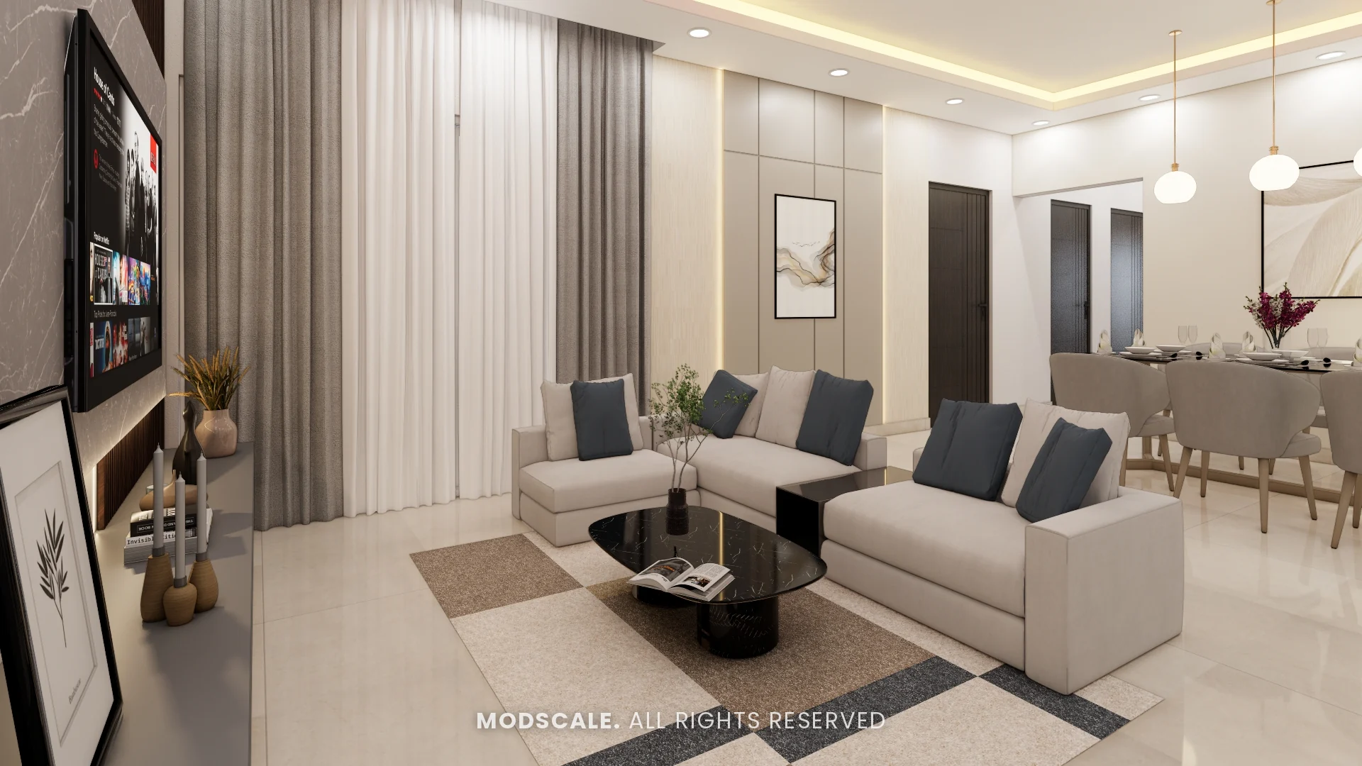 L-shaped cream sofa with blue-grey cushions on a patterned rug, facing the TV wall, Shivani’s home interior at Sobha Royal Pavilion, Sarjapur Road