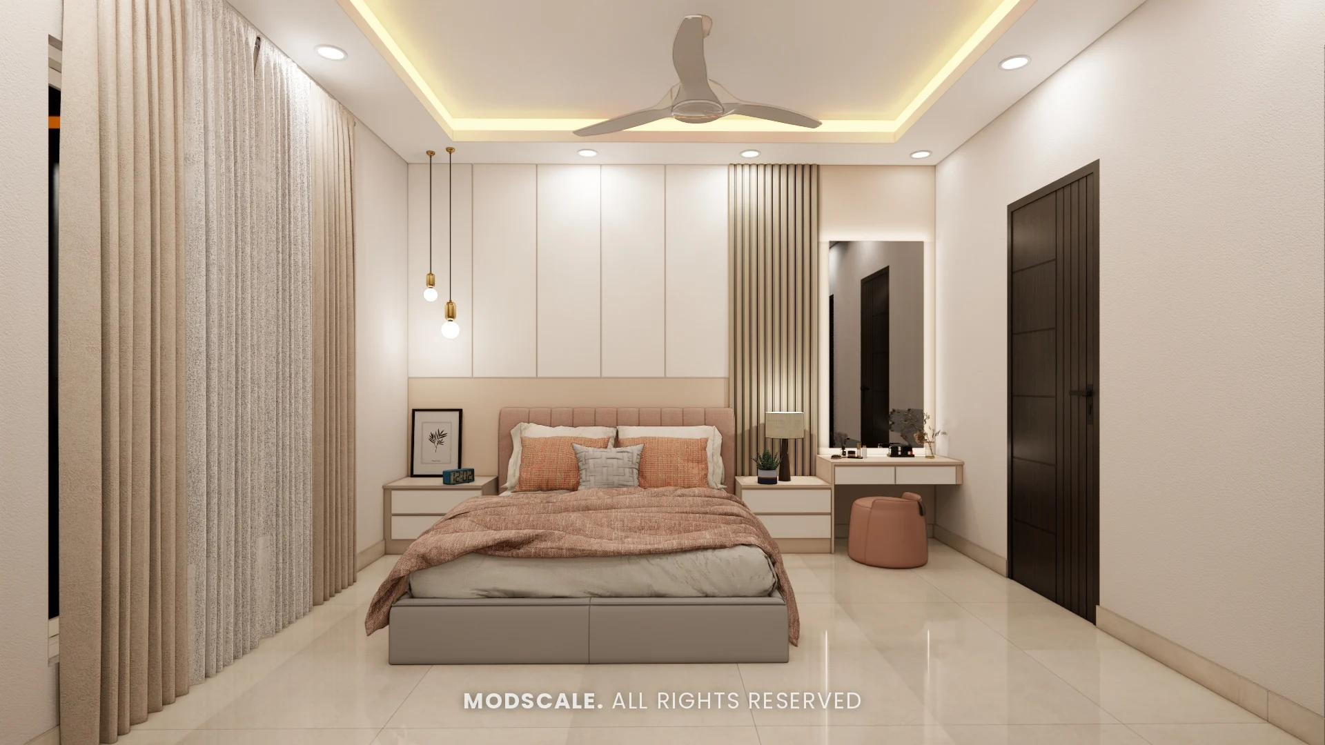 Master bedroom with panelled headboard wall, blush upholstered bed, fluted strip and dresser, Shivani’s home interior at Sobha Royal Pavilion, Sarjapur Road