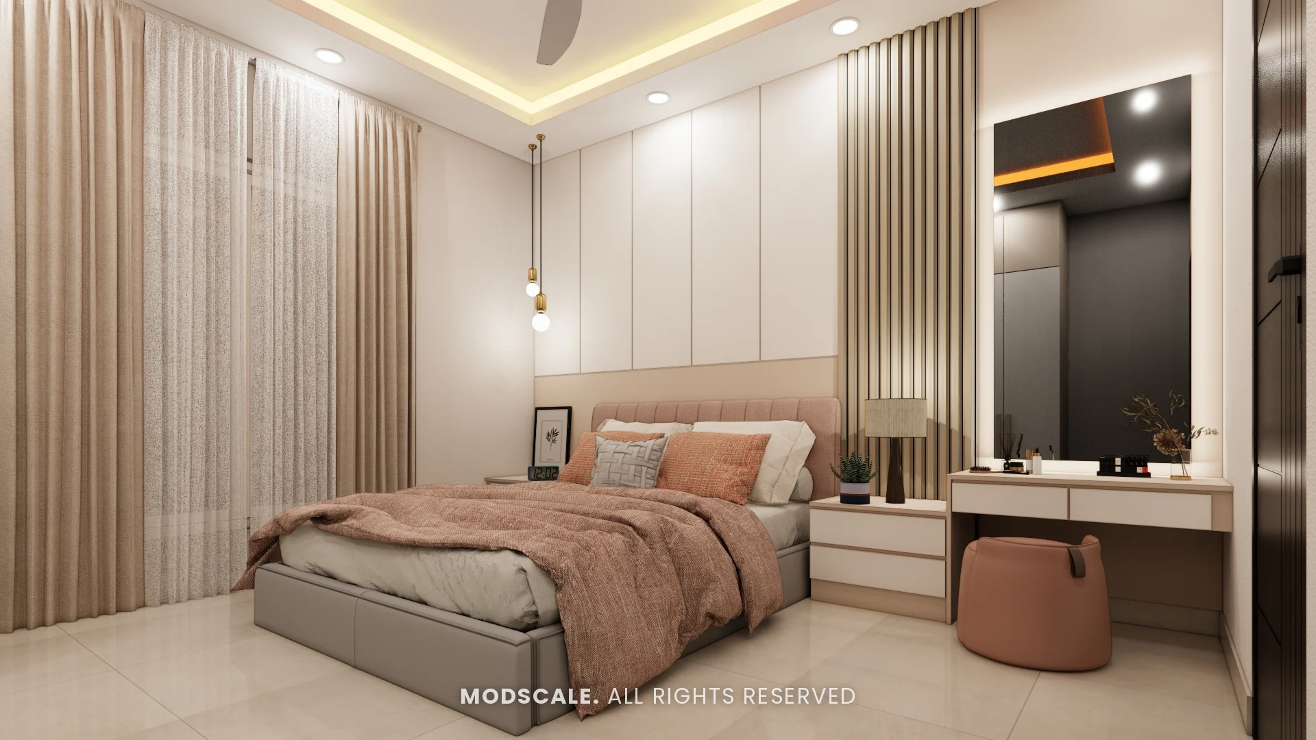 Master bedroom bed with pendant lights and dresser with large mirror, Shivani’s home interior at Sobha Royal Pavilion, Sarjapur Road