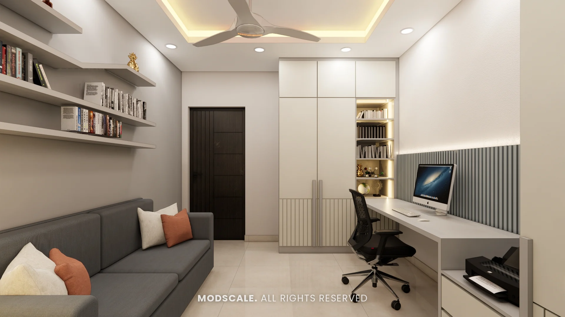 Study with long desk, blue-grey fluted wall panel, lit book shelves and grey sofa, Shivani’s home interior at Sobha Royal Pavilion, Sarjapur Road