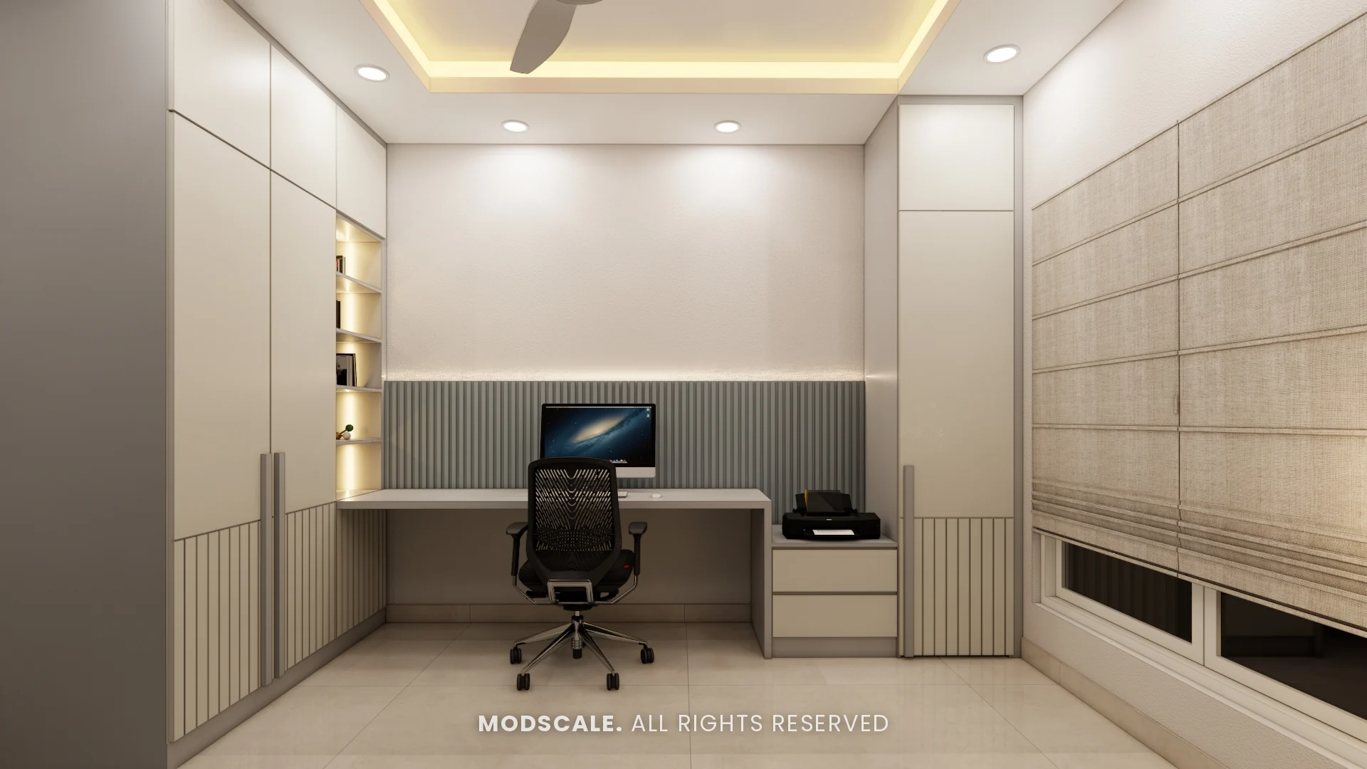 Study desk between tall white storage units with fluted bases, Shivani’s home interior at Sobha Royal Pavilion, Sarjapur Road