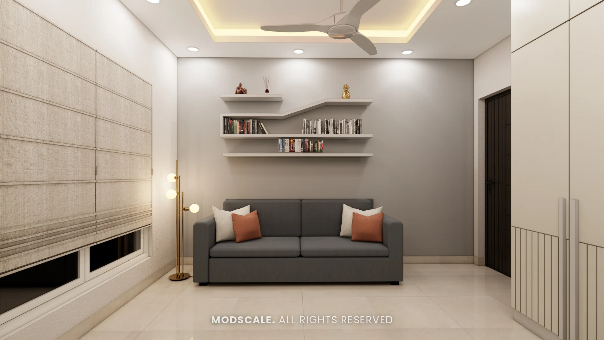 Grey sofa under stepped book shelves with a brass floor lamp, Shivani’s home interior at Sobha Royal Pavilion, Sarjapur Road