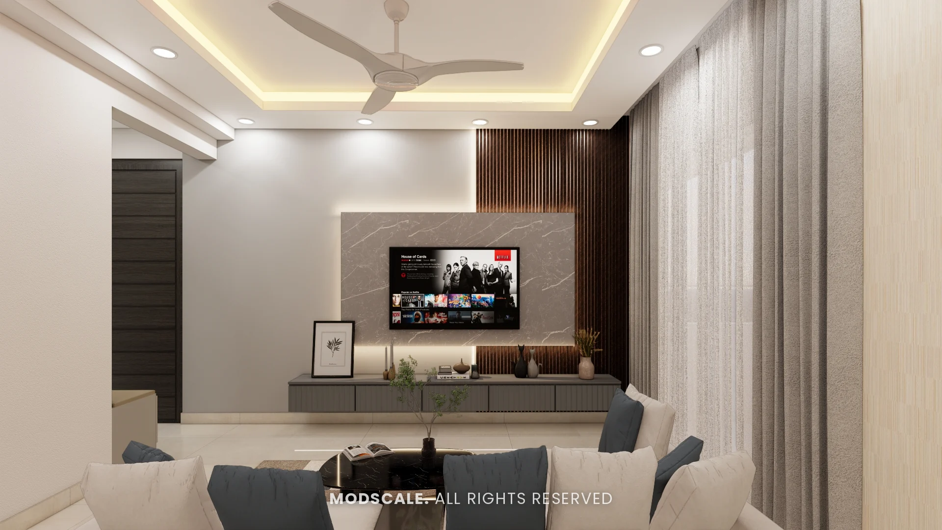 TV wall with grey stone-finish panel, dark fluted wood backdrop and floating grey ledge, Shivani’s home interior at Sobha Royal Pavilion, Sarjapur Road