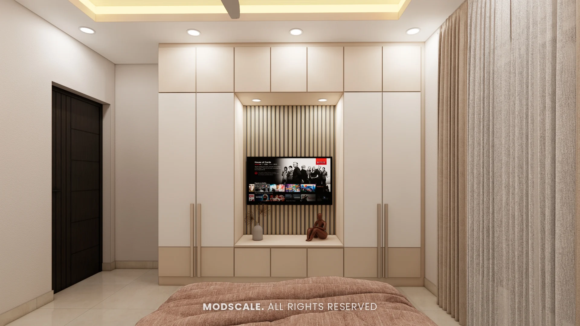 Wardrobe wall with a central lit fluted niche for the TV and lofts above, Shivani’s home interior at Sobha Royal Pavilion, Sarjapur Road