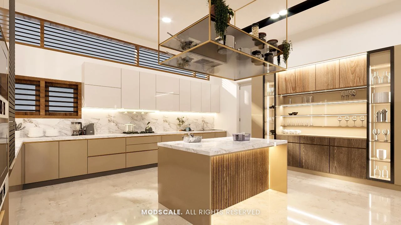 Modular kitchen with backlit island, hanging planter rack and beige cabinets, Shivashankar Reddy villa interior, Bellandur